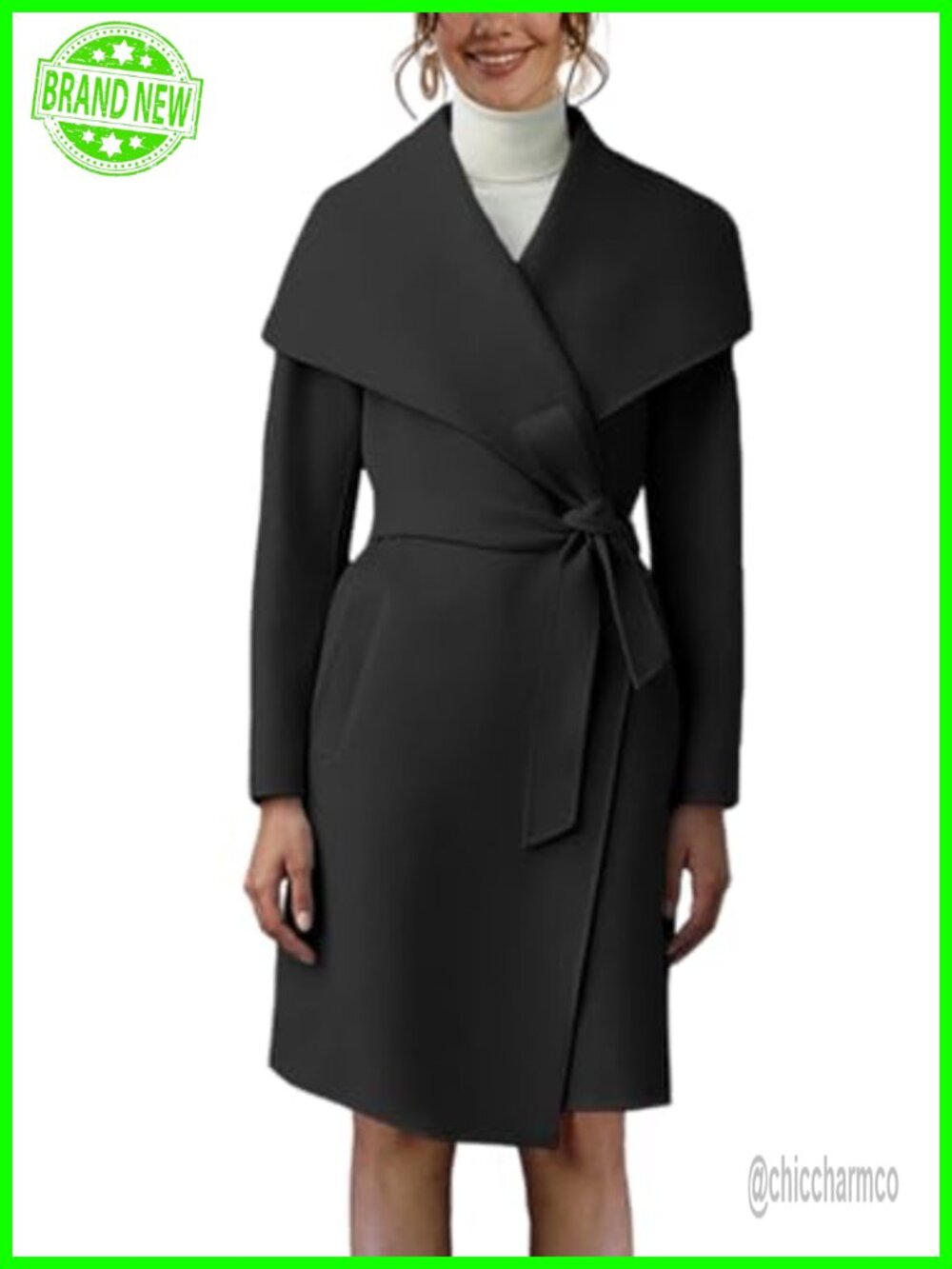 Women's Pea Trench Coat Lapel Collar Long Belted Open Front Overcoat